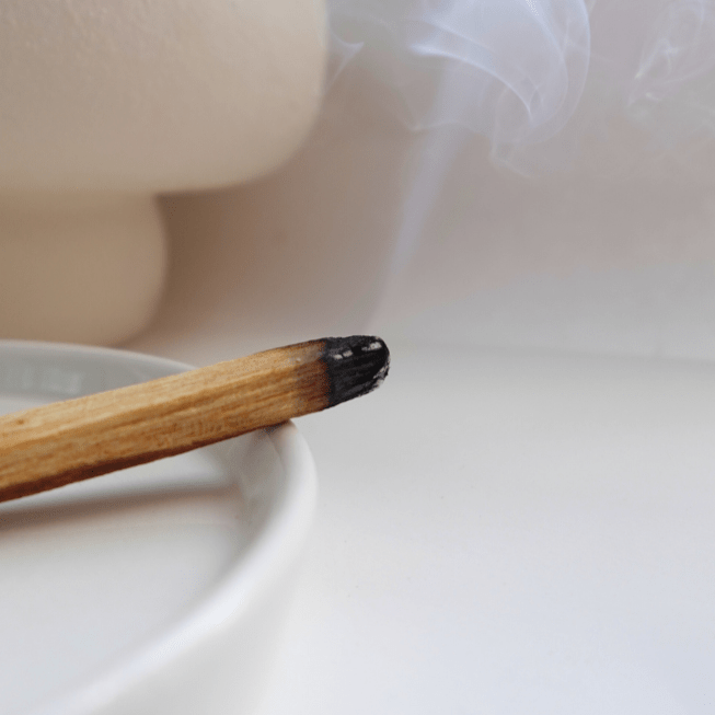 Incense stick with smoke next to a white ceramic bowl on a light background