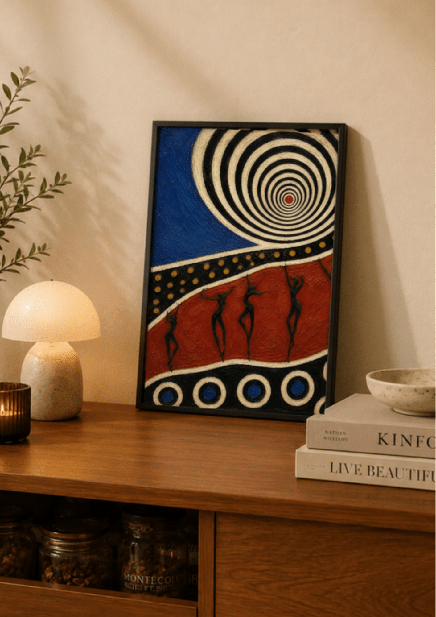 A framed abstract art print with a blue and red design, black silhouettes, and a spiral motif, leaning on a wooden console table next to a lamp and books.