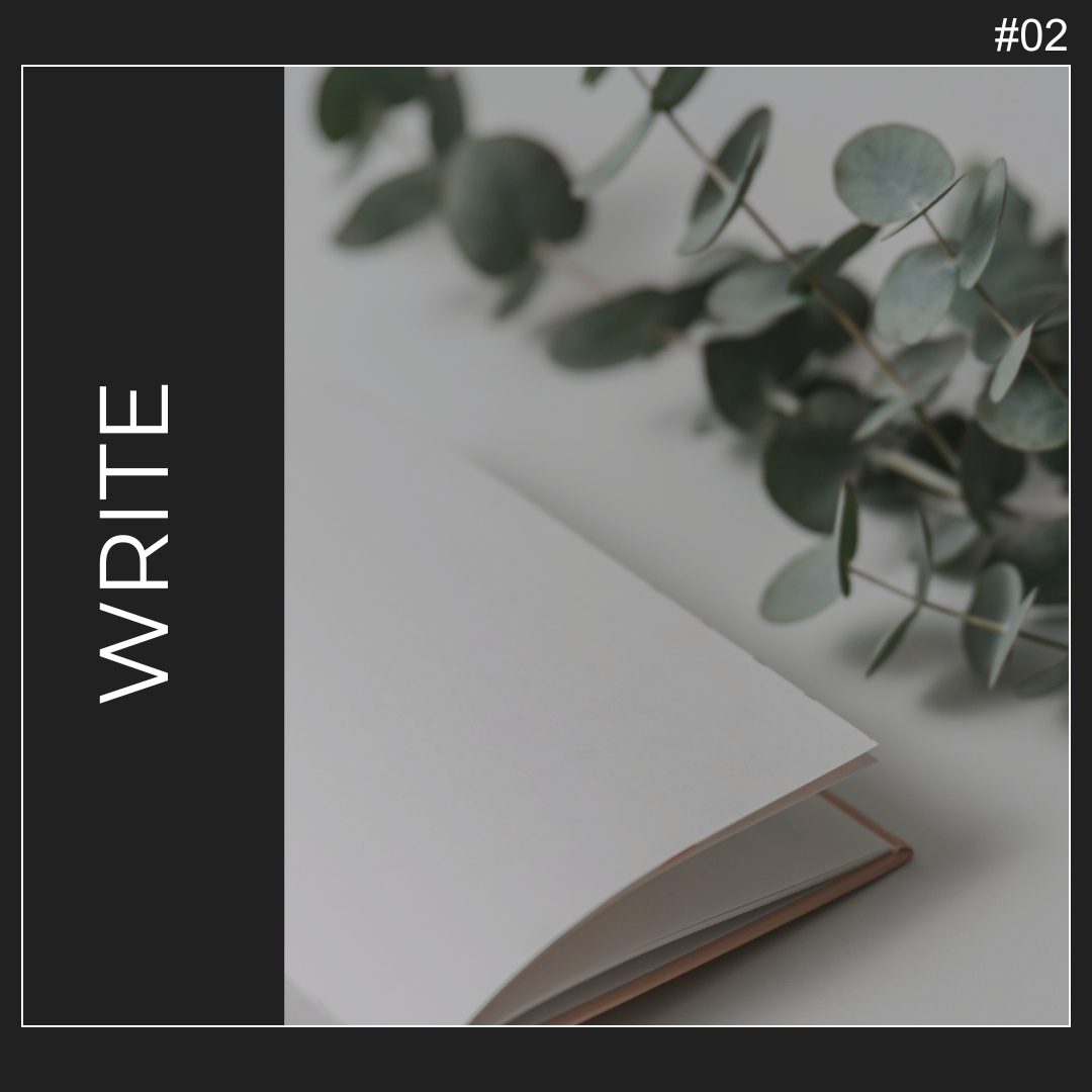notebook on white surface against eucalyptus leaves