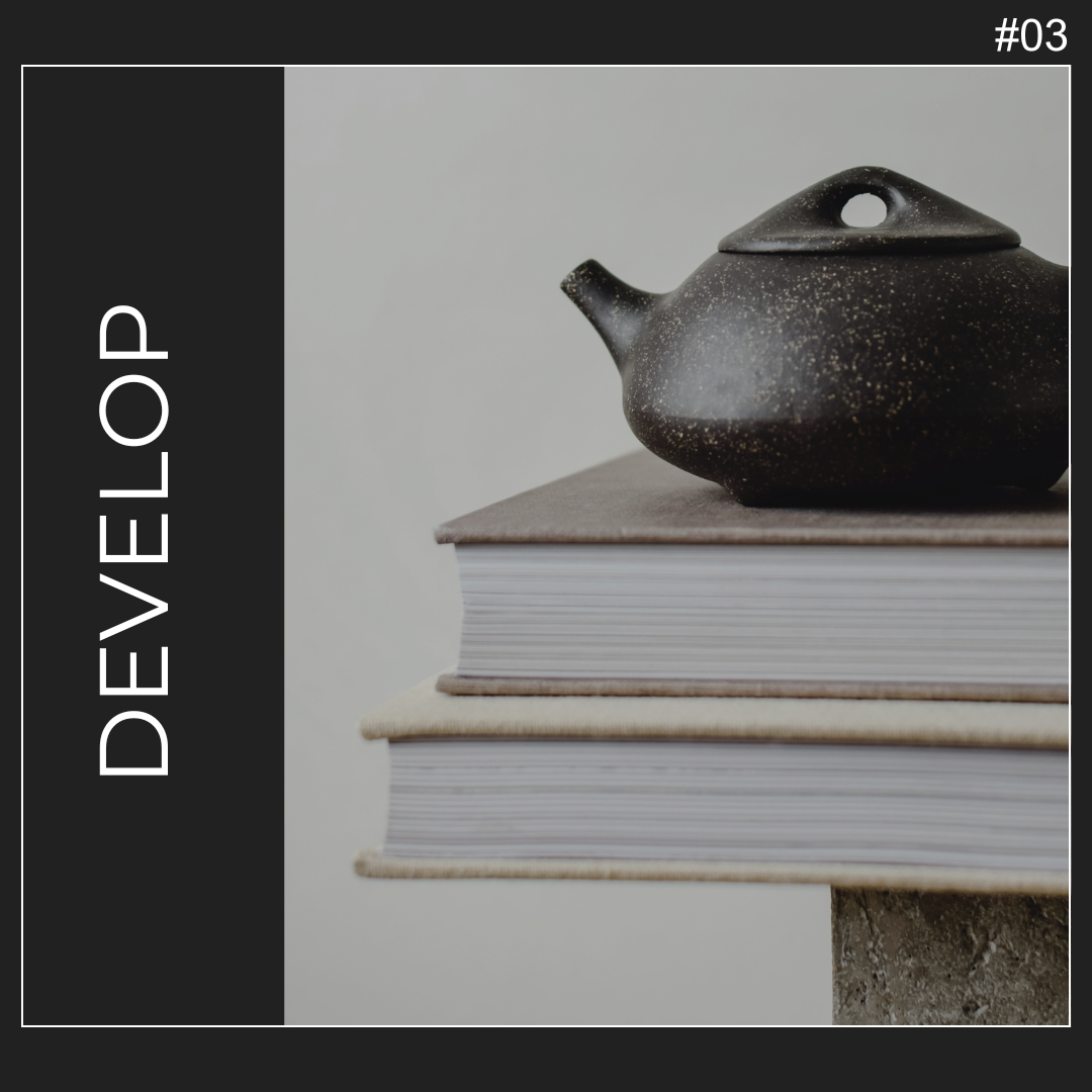 black teapot on books with white background and text that reads 'develop'