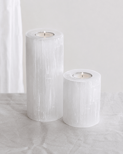 Selenite Crystal Candle Holder Pair — Natural, Set of Two