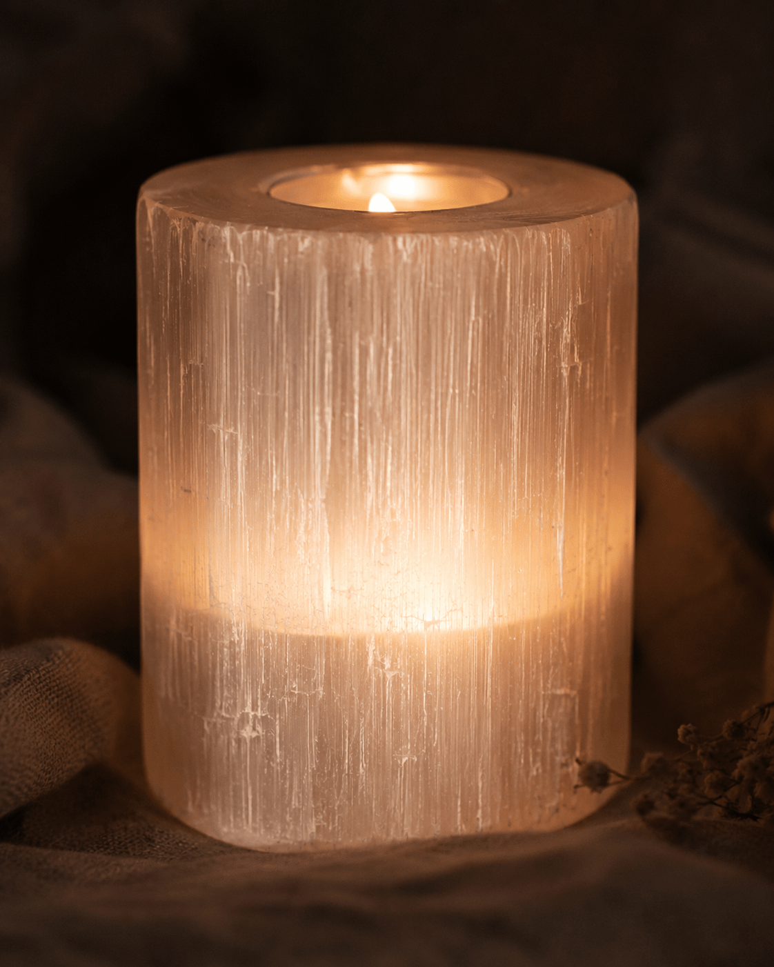 Selenite Crystal Candle Holder Pair — Natural, Set of Two