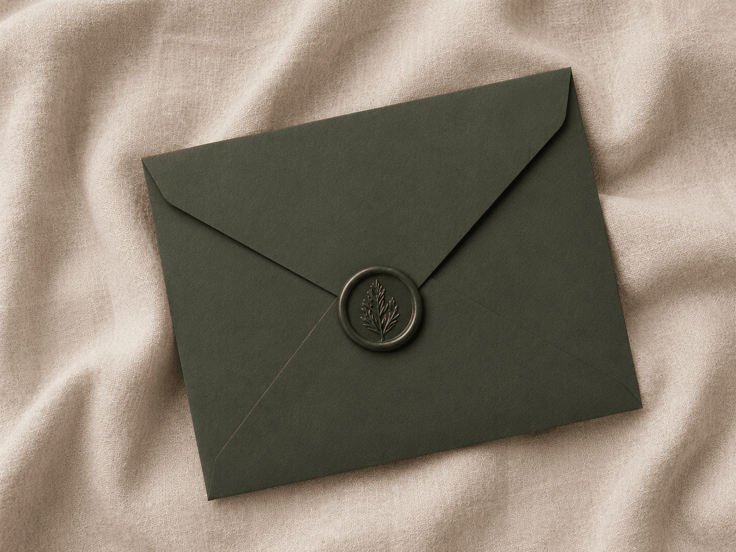 Dark green envelope with a wax seal on a beige fabric background