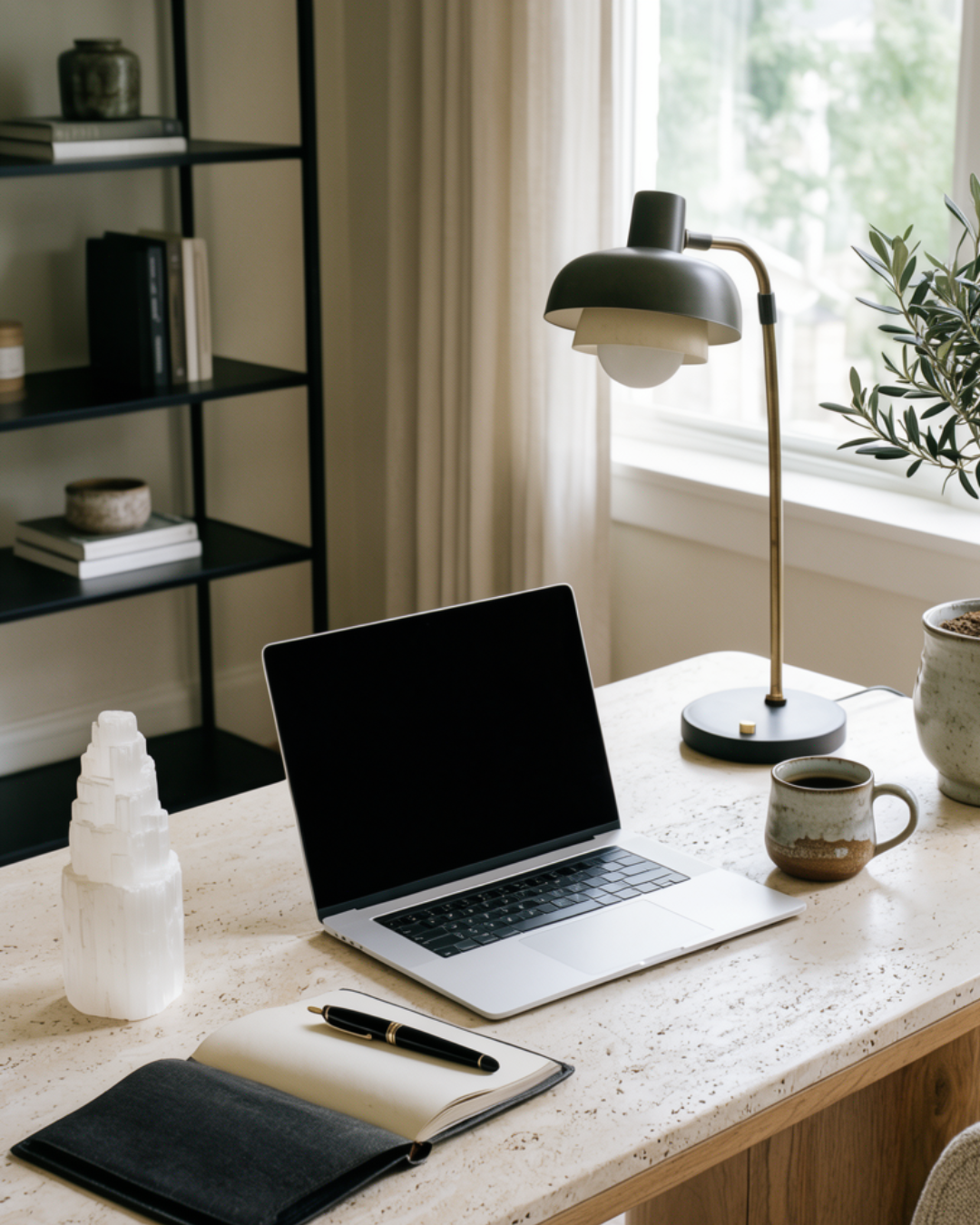 a matte white crystal selenite tower on a minimal desk with laptop, notebook, coffee mug, lamp and plant. study area