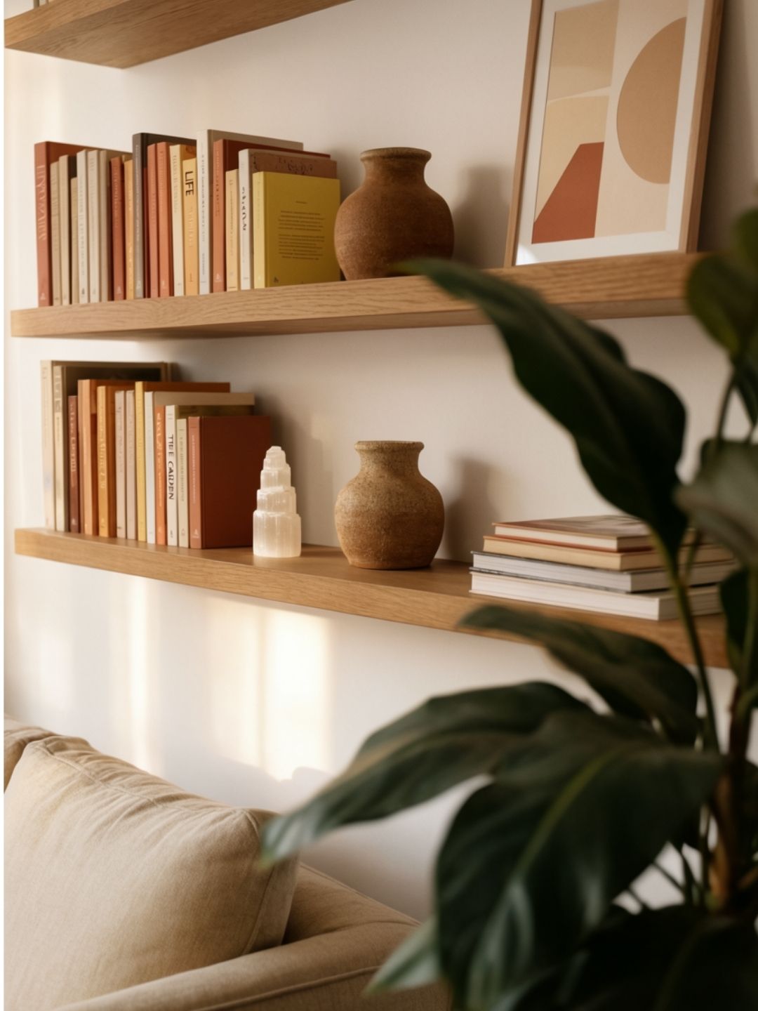 Wooden shelves with books, vases, and a framed picture in a living room setting.