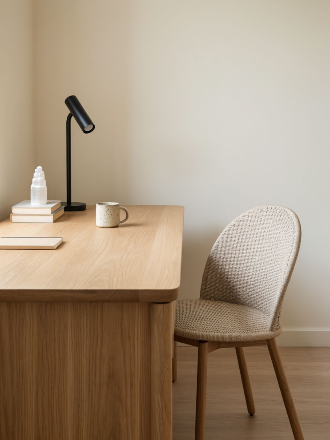 Wooden desk with a lamp, mug, selenite tower and books next to a chair against a plain wall.