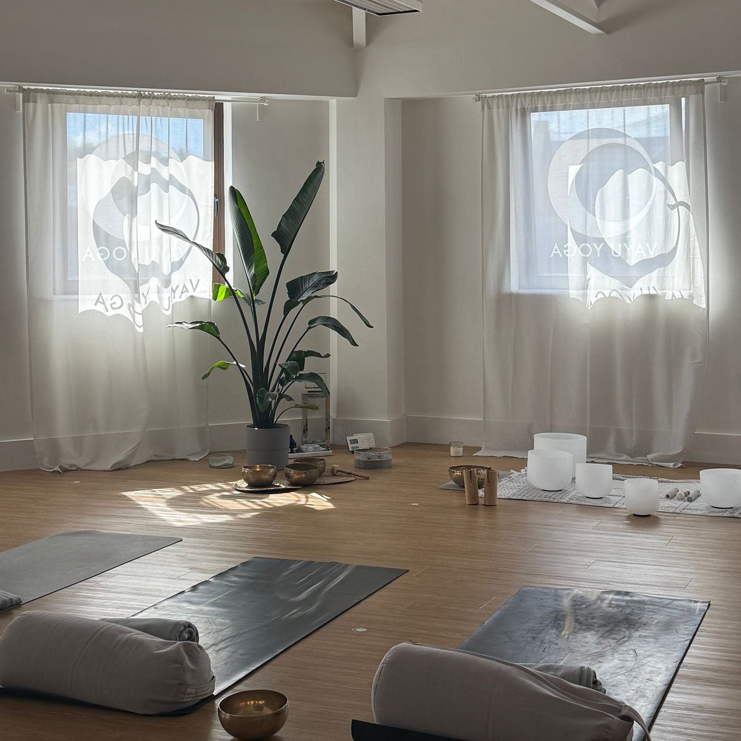 yoga studio with soundbath setup